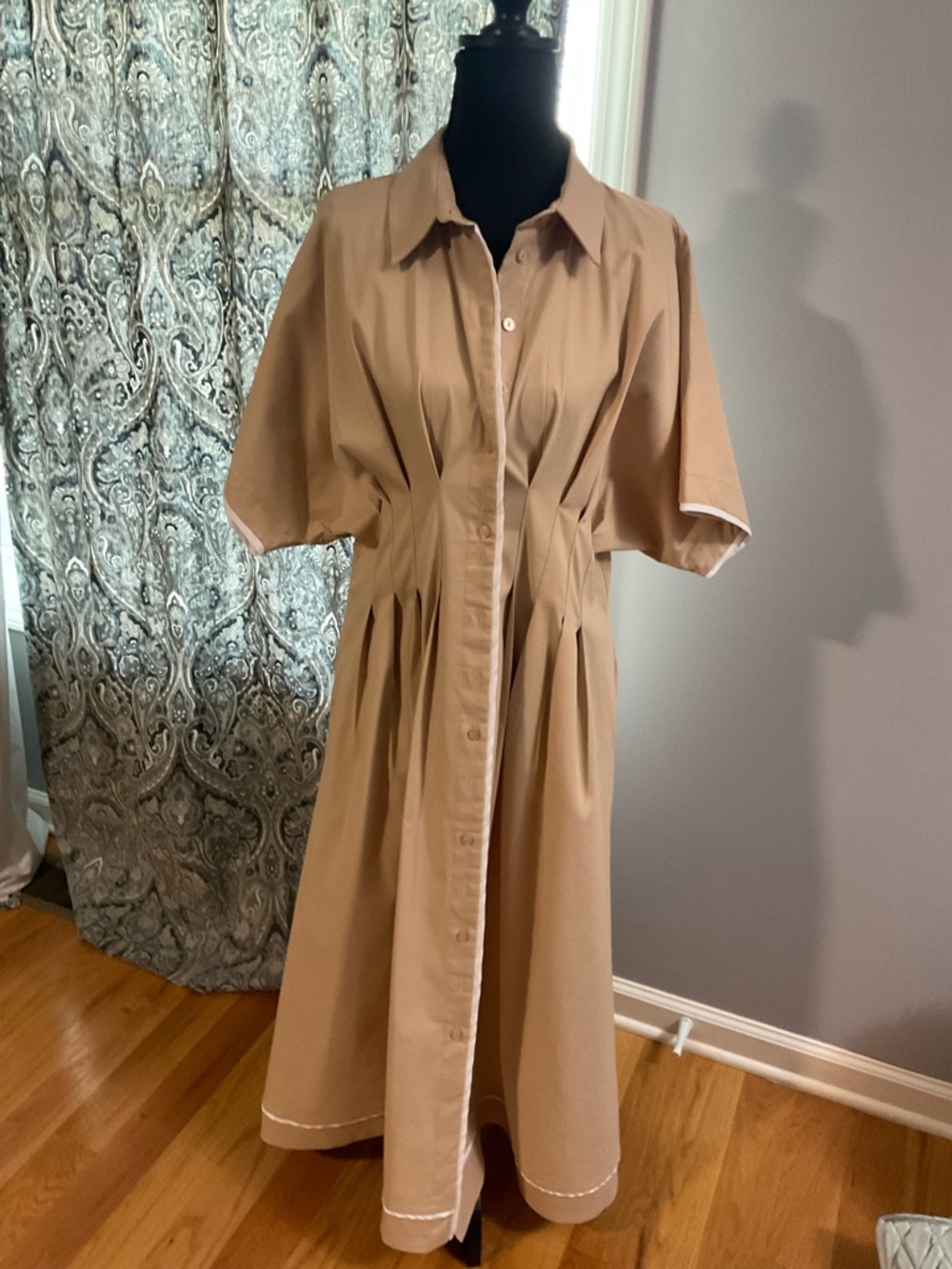 Tailored Beige Button-Front Midi Dress